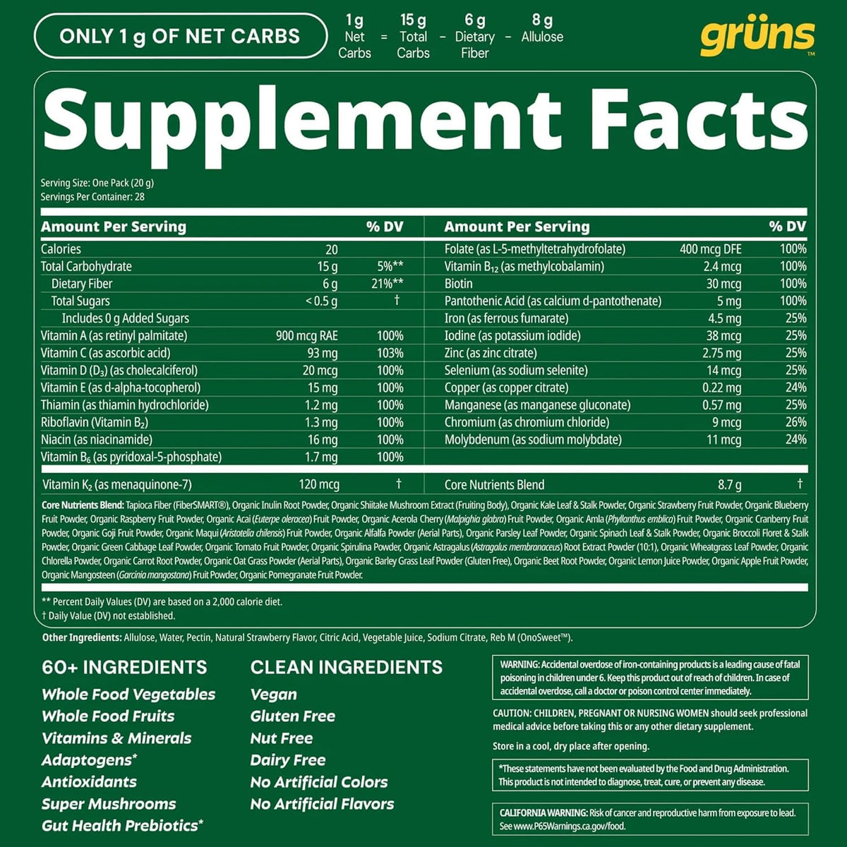 Grüns Adult Sugar-Free Greens Gummies, 28ct